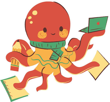 Image of octopus juggling papers, a computer and a pencil