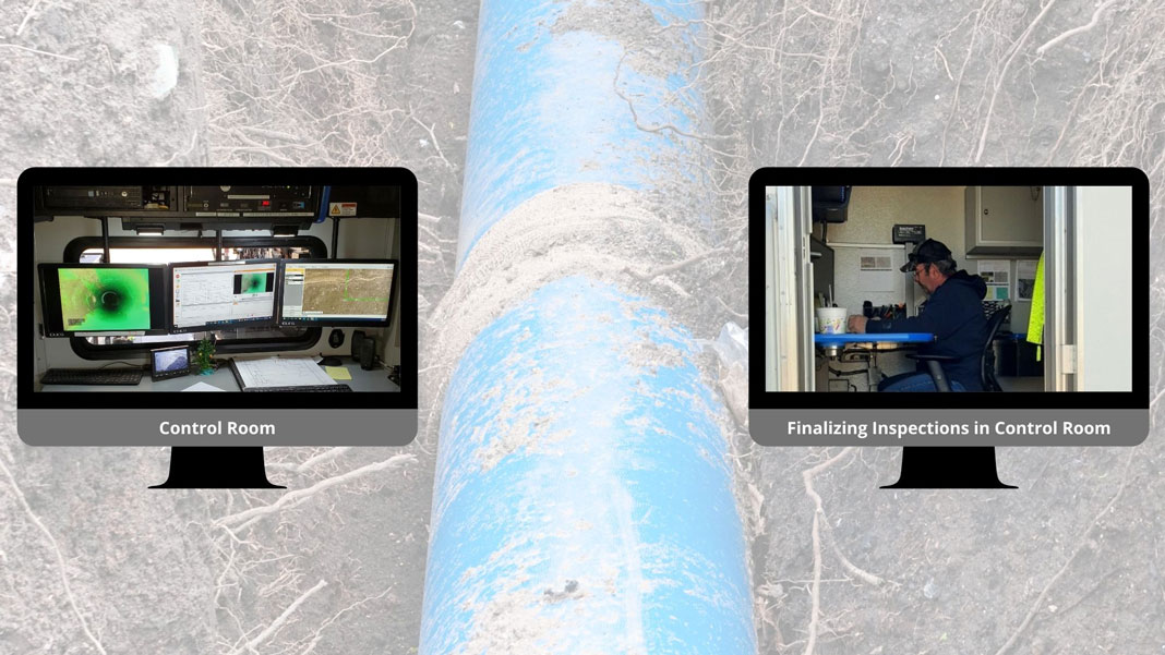 Images showing computer displays with video feed of wastewater mains in the control room and a Lincoln Wastewater System team member at the desk of the control room