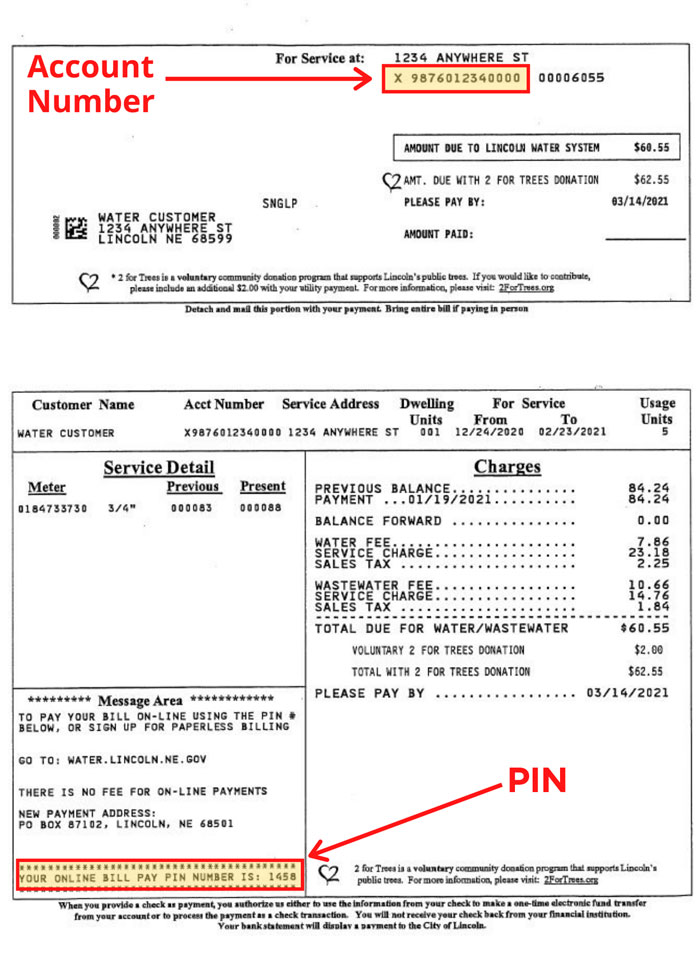 Account number and PIN location on bill