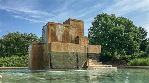 The Cascade Fountain provides a spectacular water feature on a summer day.