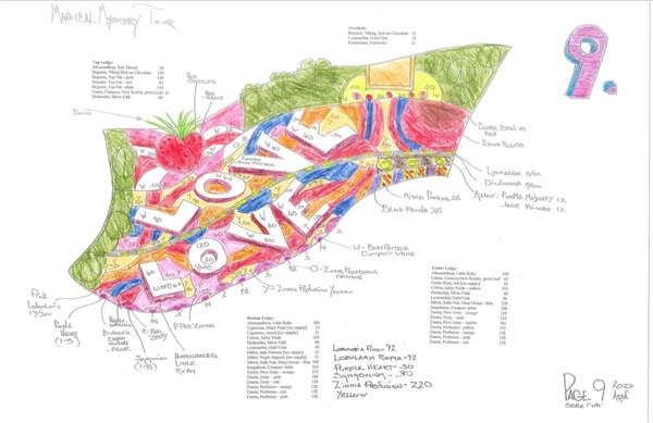 The map for section 9 of the 2023 plan, containing a picture of the sections and a list of what plants will be planted