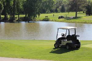 A golf cart sits in front of one of Pioneer’s golf course’s water features on a sunny day.