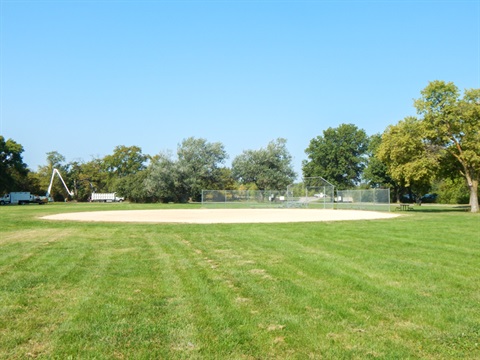 The outfield looking towards the infield at Standing Bear Park Ball Field.
