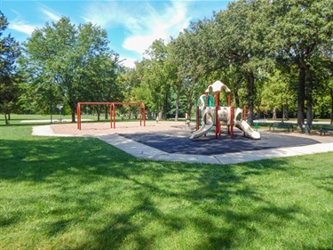 Robert Park's playground has a multilevel climbing structure with slides, separate swing structure, surrounded by large shade trees.