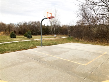 This basketball hoop is located near a paved path and trees.
