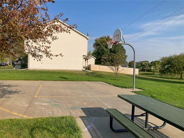 A paved half-court basketball court is located near a picnic table on a concrete slab.