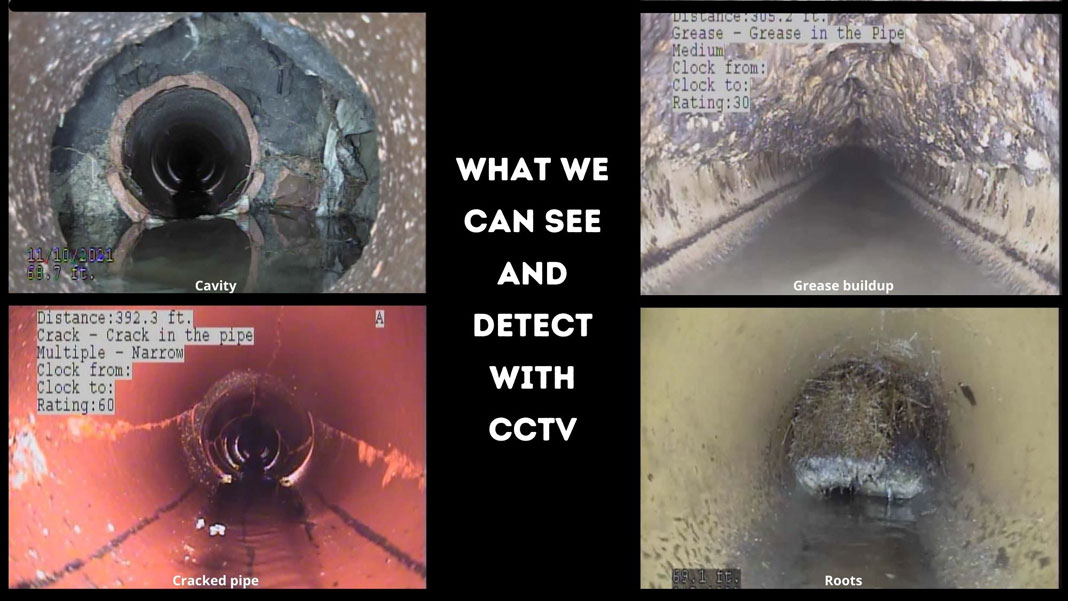“What we can see and detect with CCTV” -- four camera views showing a sewer main cavity, grease buildup, cracked pipe and roots