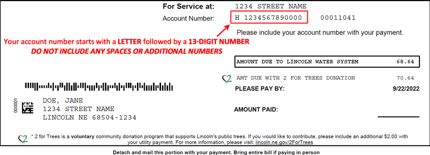 Example of LWS account number location on a paper water bill