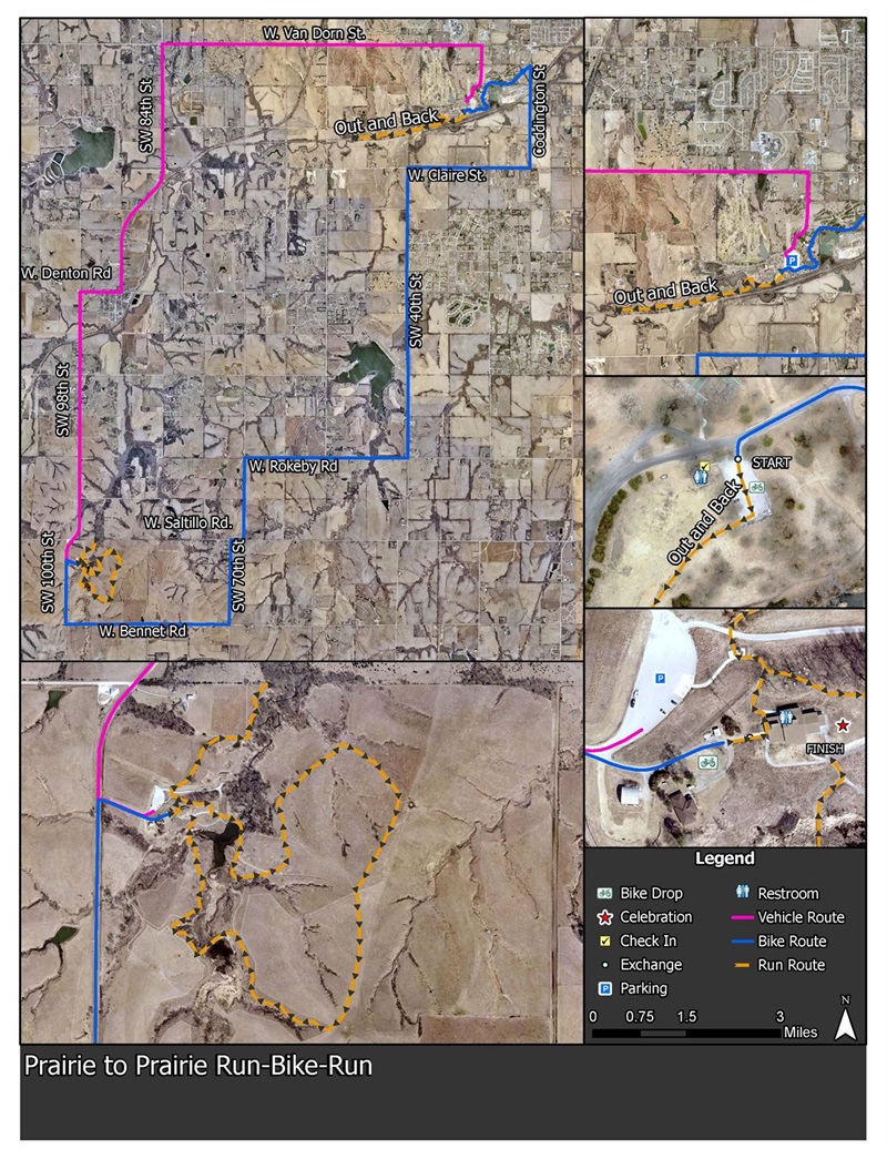 The map of the route for the Prairie to Prairie, run bike run event
