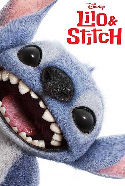 Movie poster for Lilo & Stitch. A large blue animated character leaning into the area from the left side. Red text of the movie title on upper right corner.