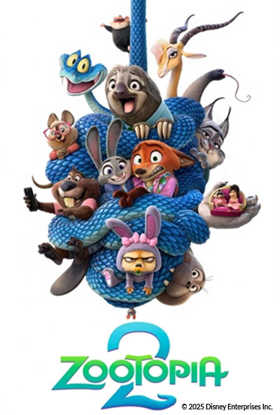 Movie poster of animated Disney film Zootopia 2. A group of cartoon animals are tangled within a blue snake's body in front of a white background. 