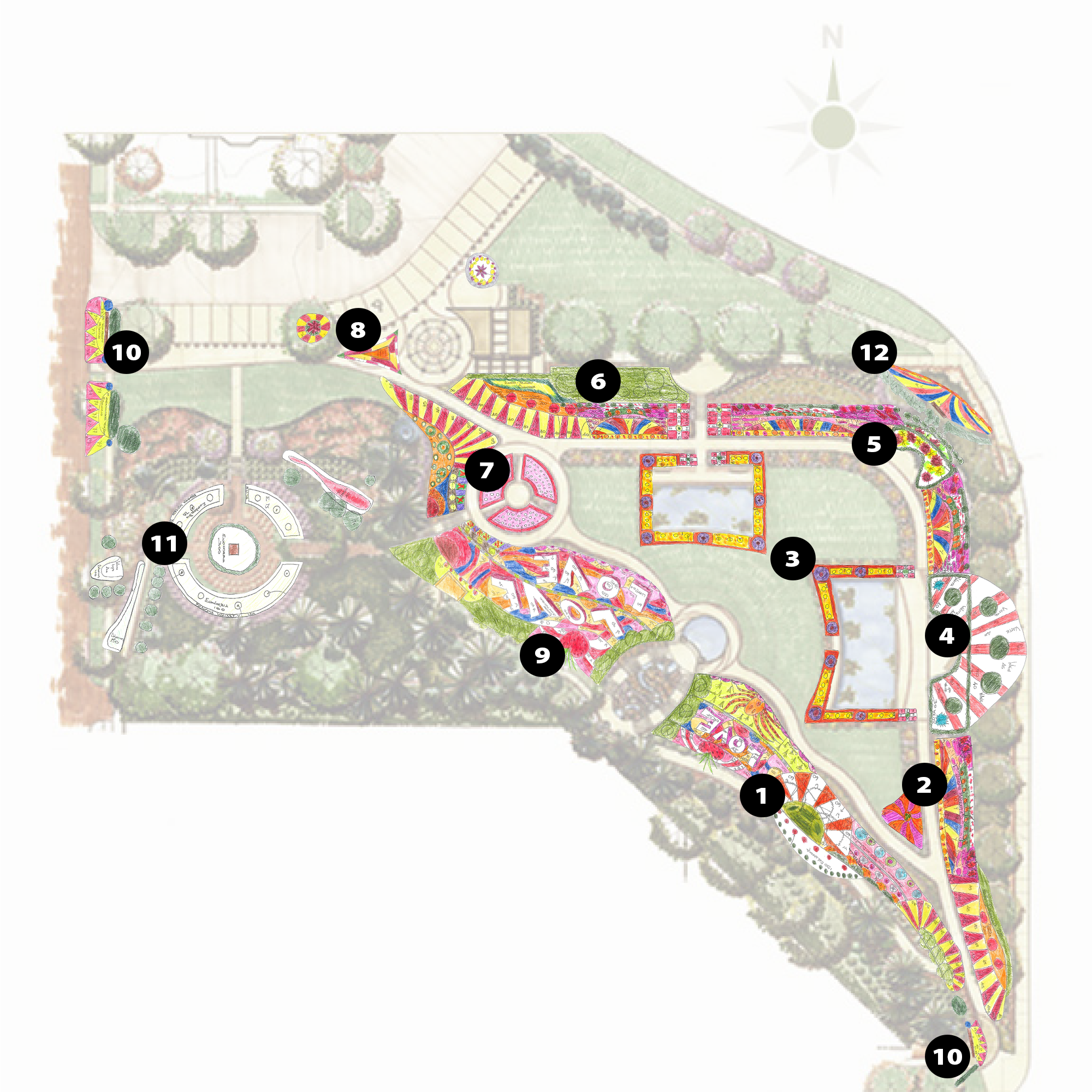 A map of Sunken Garden's floral plan for 2023. There are sections of designs with designated numbers. 