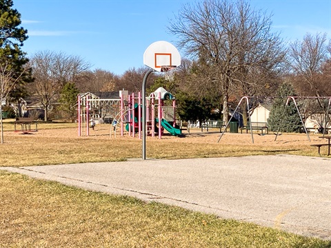 The basketball net is located near the swings and playground area in the park. The play area has separate swings, a small merry-go-round, and a multilevel play structure with slides and climbing features. Picnic tables, and benches are nearby.