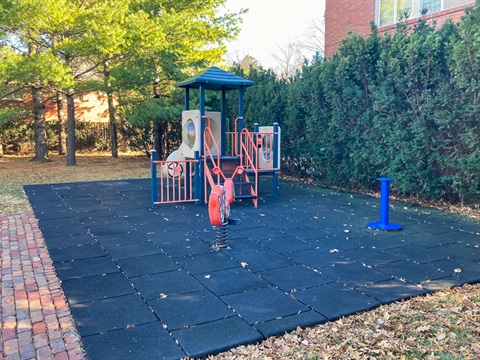 A small two platform playground with additional spring bug rider features. The playground is near large shade trees and an evergreen hedge provides additional privacy. 