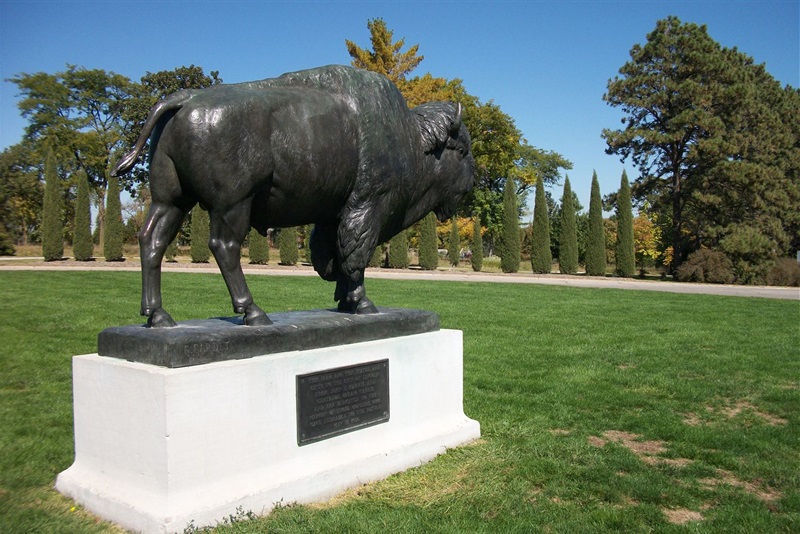 angled version of the bison statue, showing the back half