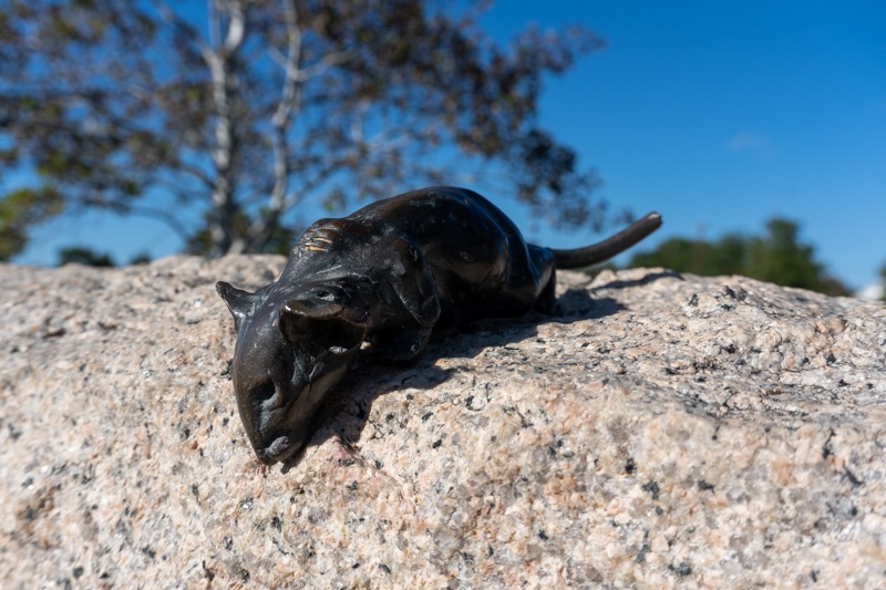 close up of a bronze mouse on top of a stone