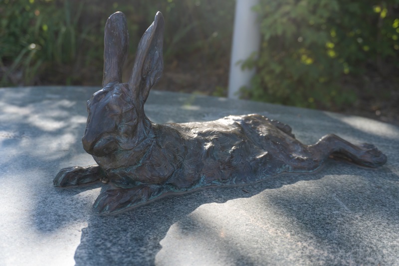 A bronze replica of rabbit, sprawling out on a stone basking in the sunlight