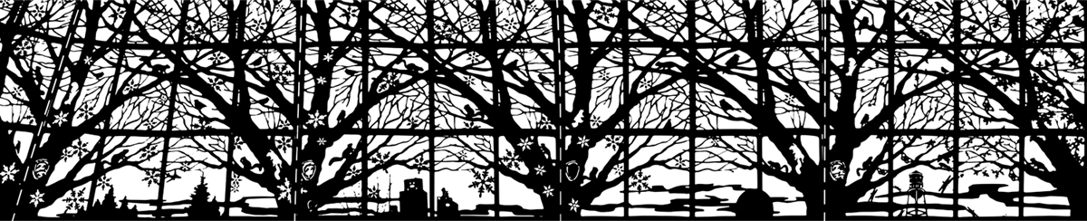 A black and white version of the sunken gardens gazebo design showing the start of winter going into spring. There are tree branches, snowflakes, animals, and symbols like grain silos, a sunrise, and a water tower. 