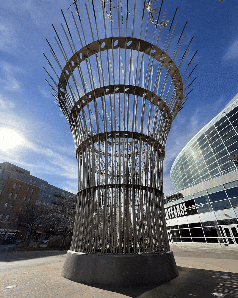 Rotating around the sculpture Harvest to show it from all sides