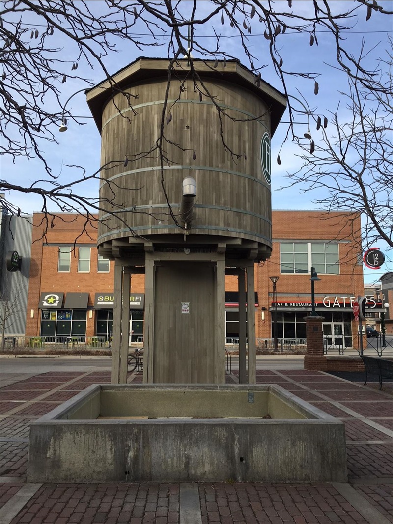 The watch tower at Iron horse park acts as a fountain, and this shows the pipe and basin that the water flows through. 