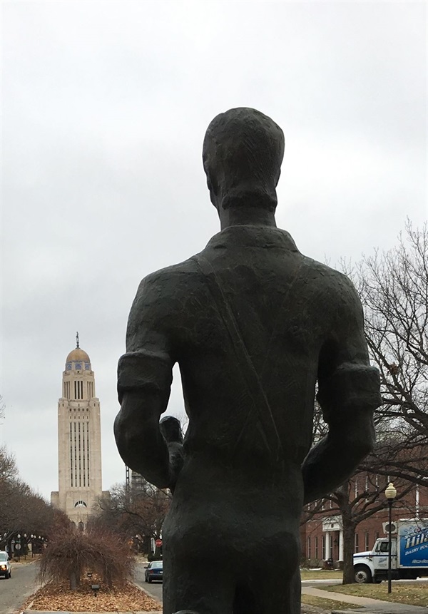 The backside of the Young Lincoln sculpture looking towards the Capital building