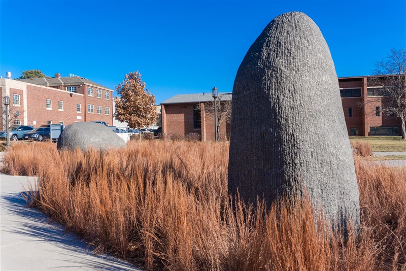 two textured stones emerging from the prairie grasses that surround them. 