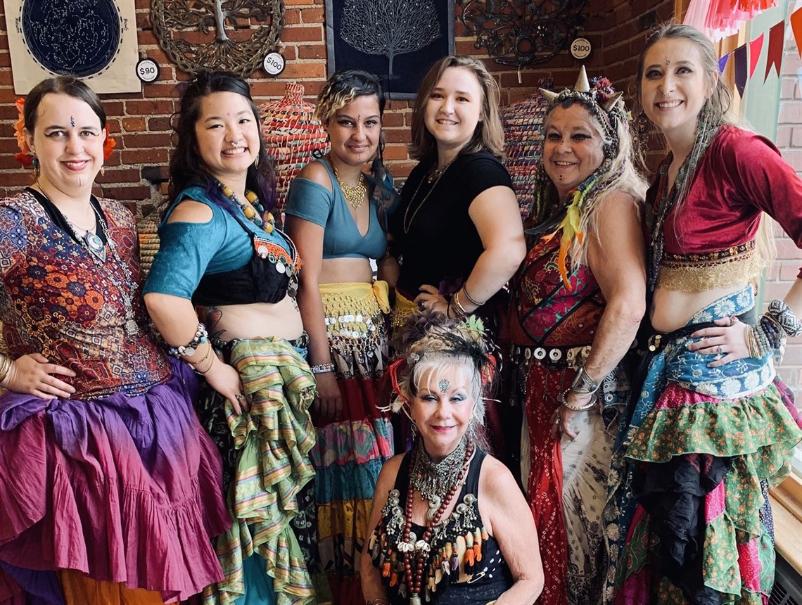 The Bellajhara Belly Dance Troupe, in their bright tribal dance outfits. 
