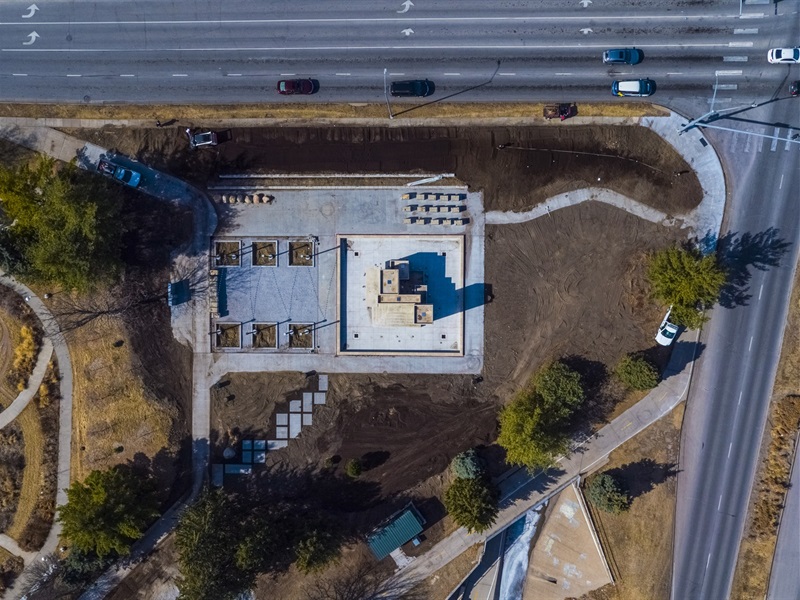 An aerial view of Cascade fountain after the new concrete surfaces have been laid, but before the plantings have been done.