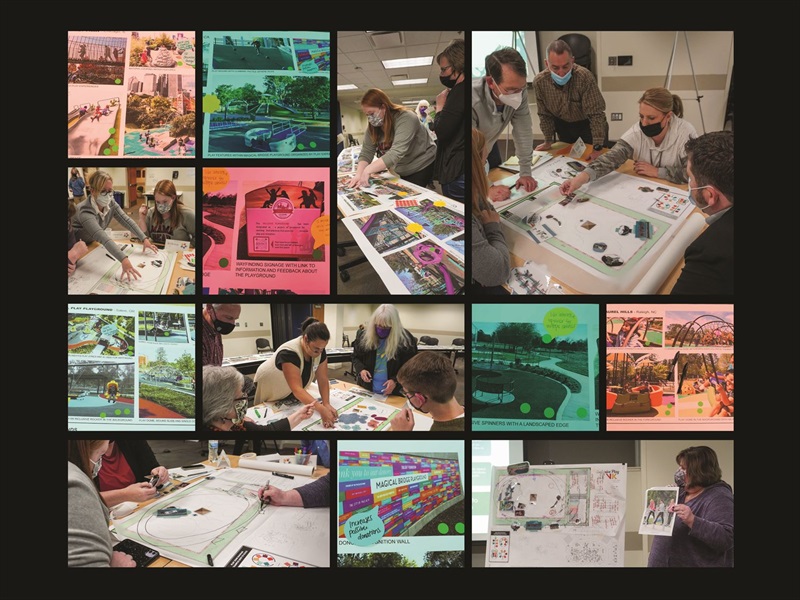 A collection of images featuring the Inclusive Play Working Committee constructing the plan for the new inclusive playgrounds