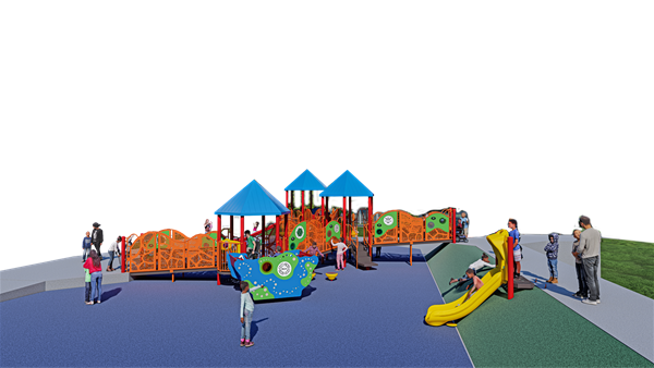 A digital rendering of the new inclusive playground with children playing around and on it. 