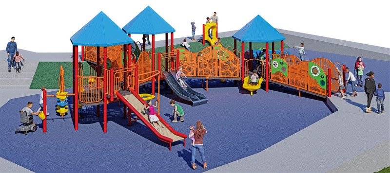 A digital rendering of the new inclusive playground with children playing around and on it. 