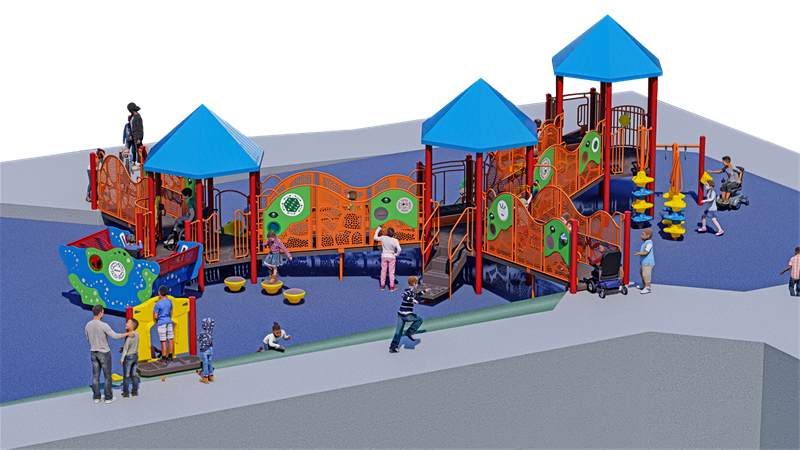 A digital rendering of the new inclusive playground with children playing around and on it. 