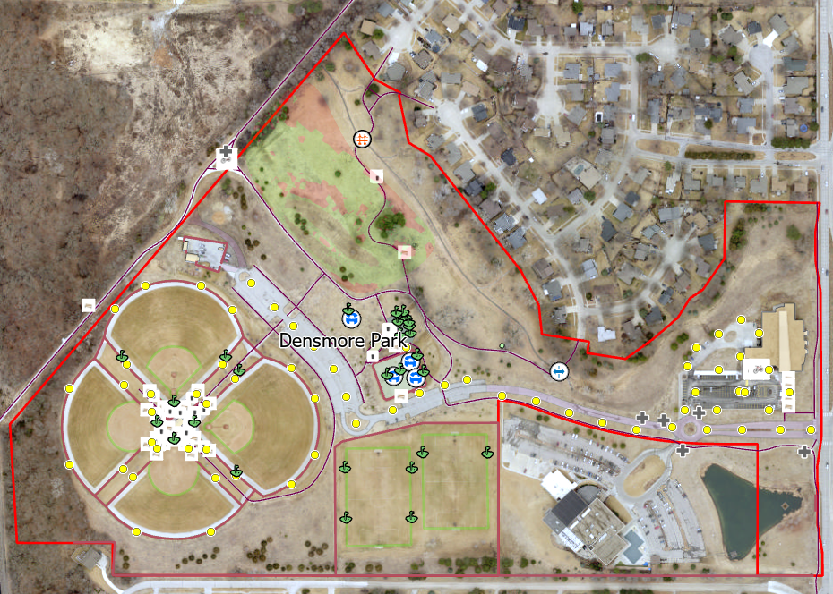 An aerial shot of a map of Densmore Park