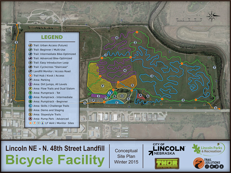 A plan for the 48th Street Landfill Bicycle Facility with the various sections. 