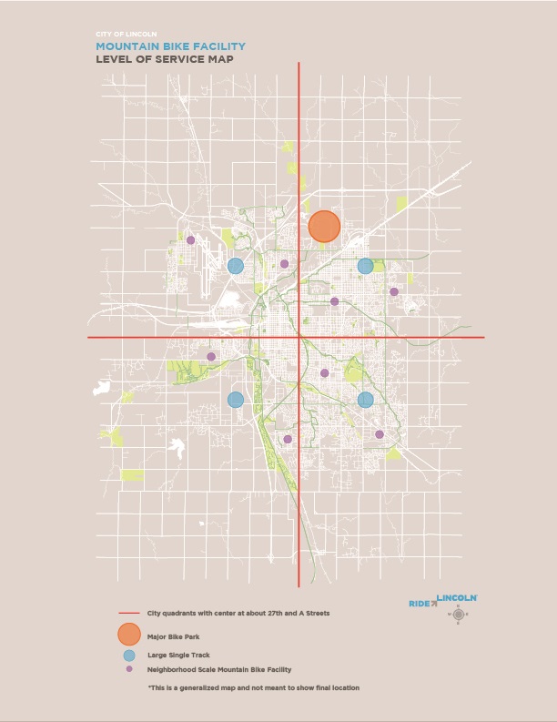A map of the level of service, with one large orange dot representing a major bike park. There are 4 smaller blue dots representing a single track. Smaller purple dots represent neighborhood scale parks. 