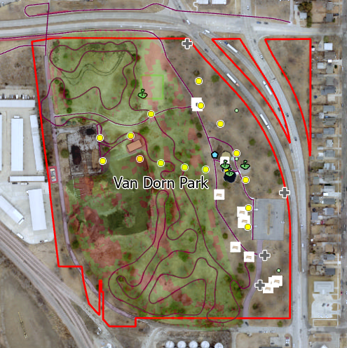 An aerial shot of a map of Van Dorn Park 