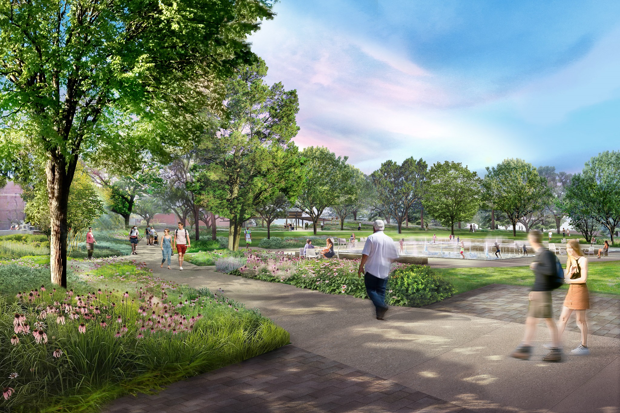 South Haymarket Park includes a Common Ground Plaza and a fun interactive water feature.