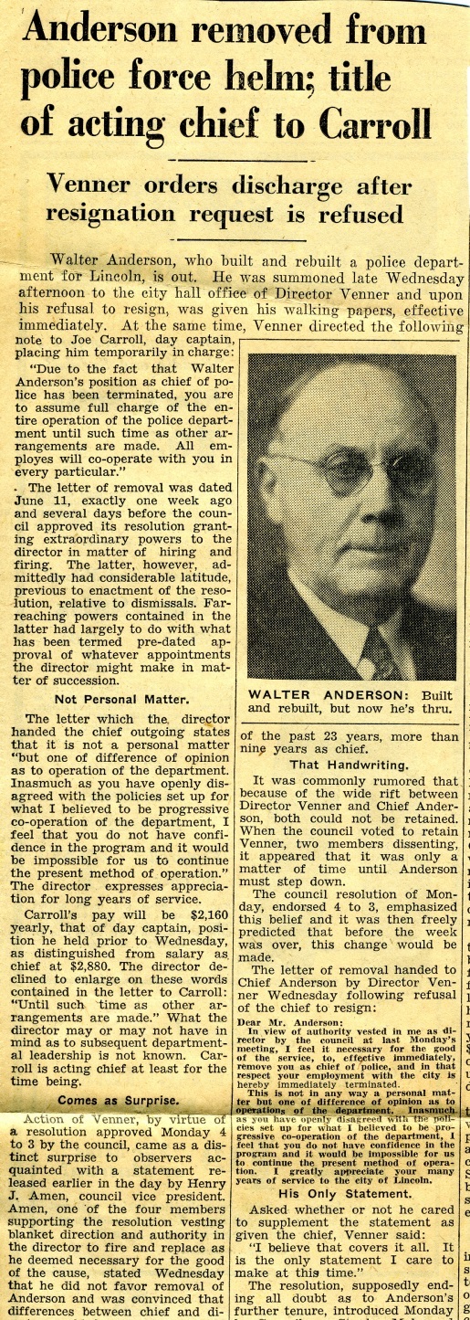 Newspaper clipping with headline 'Anderson removed from police force helm; title of acting chief to Carroll'
