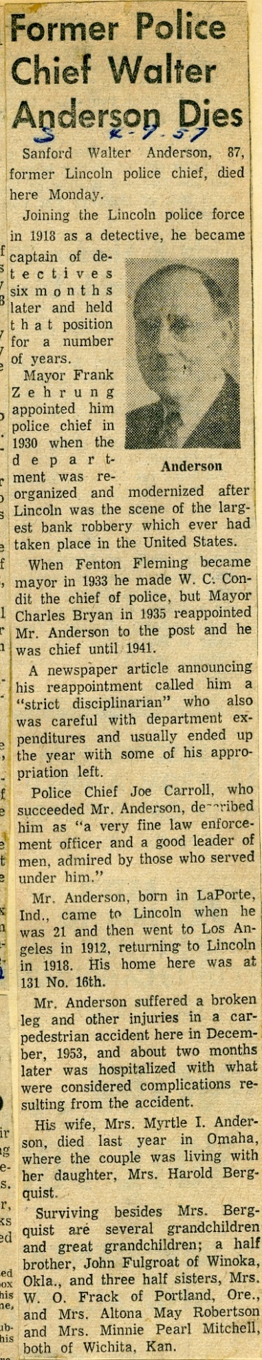 Newspaper clipping with headline 'Former Police Chief Walter Anderson Dies'