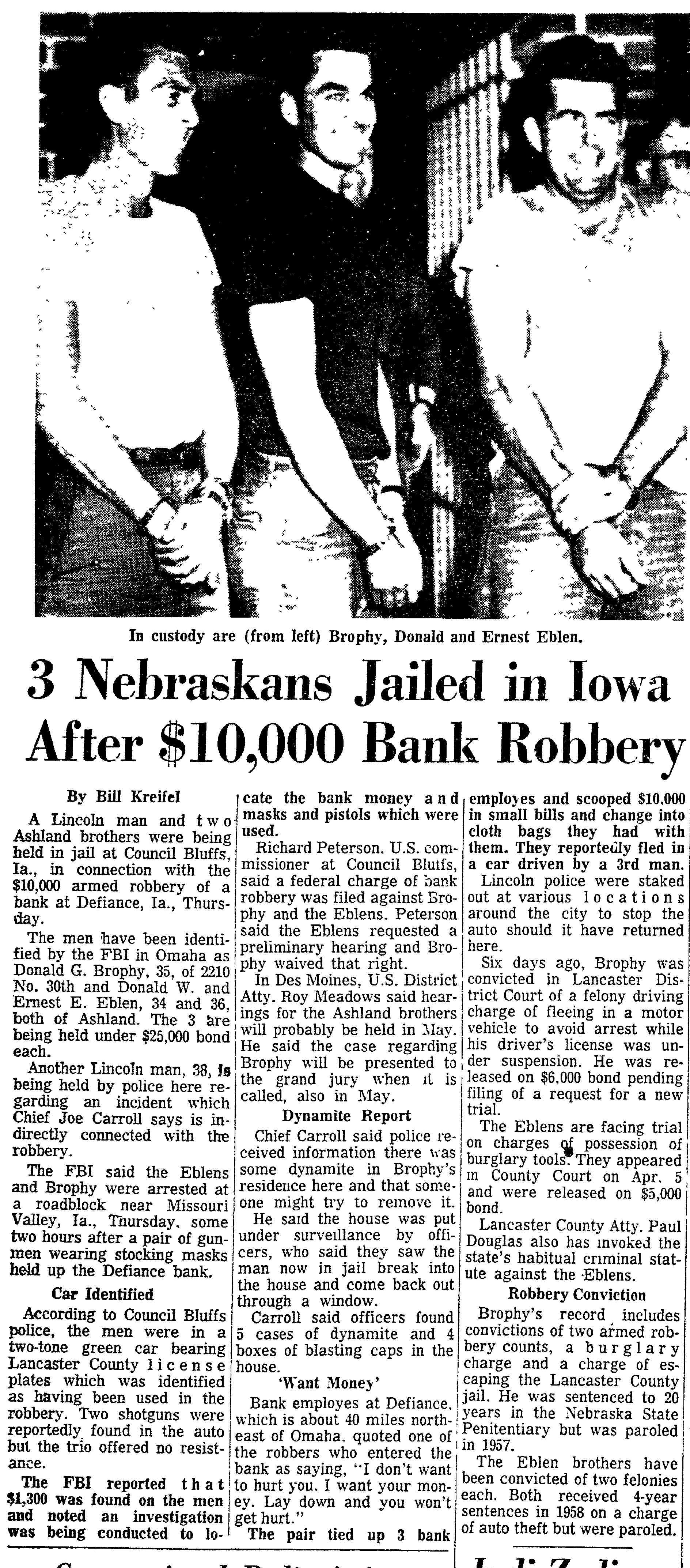 Newspaper clipping with headline '3 Nebraskans Jailed in Iowa After $10,000 Bank Robbery'
