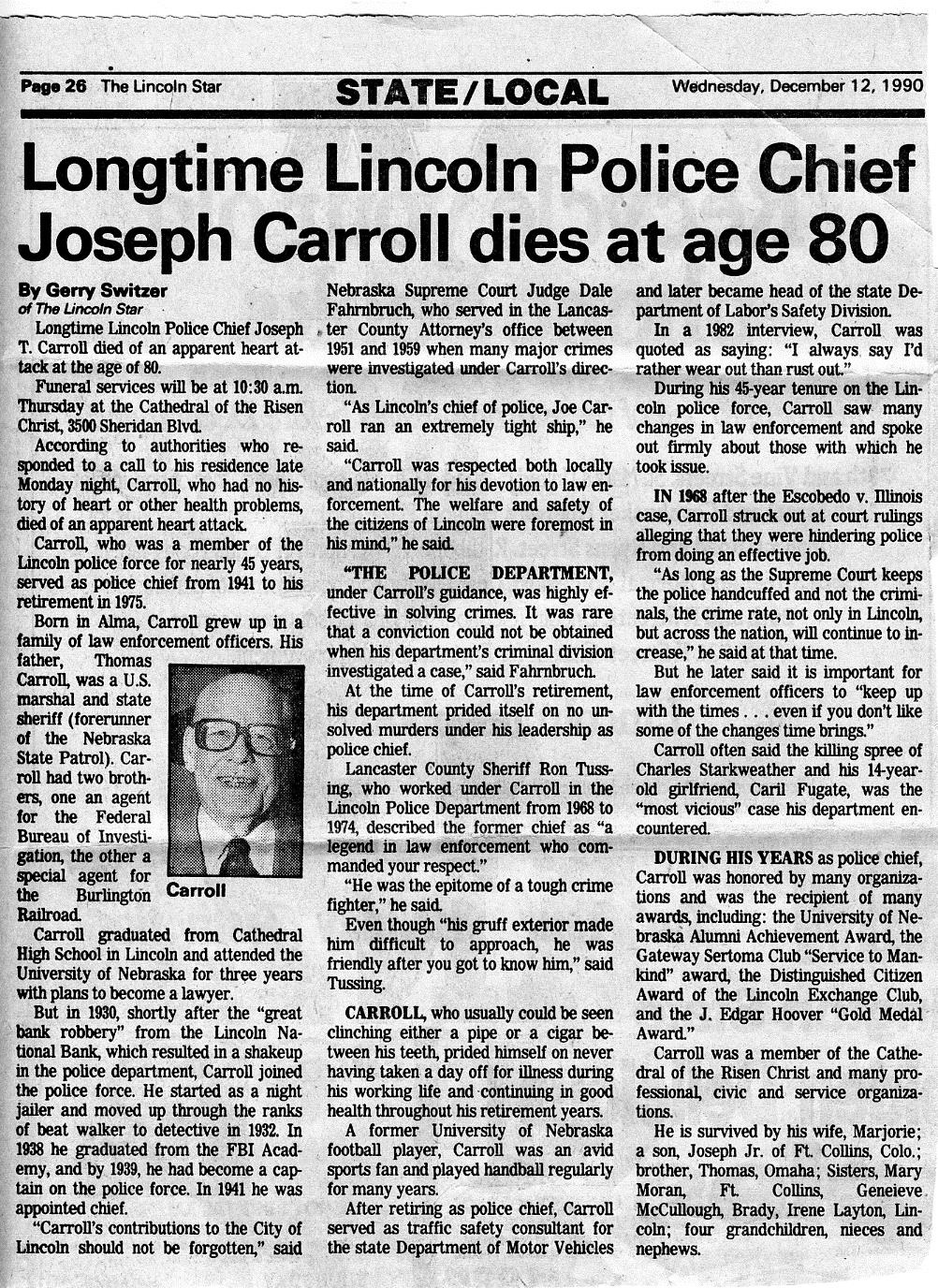 Newspaper clipping with headline 'Longtime Lincoln Police Chief Joseph Carroll dies at age 80'