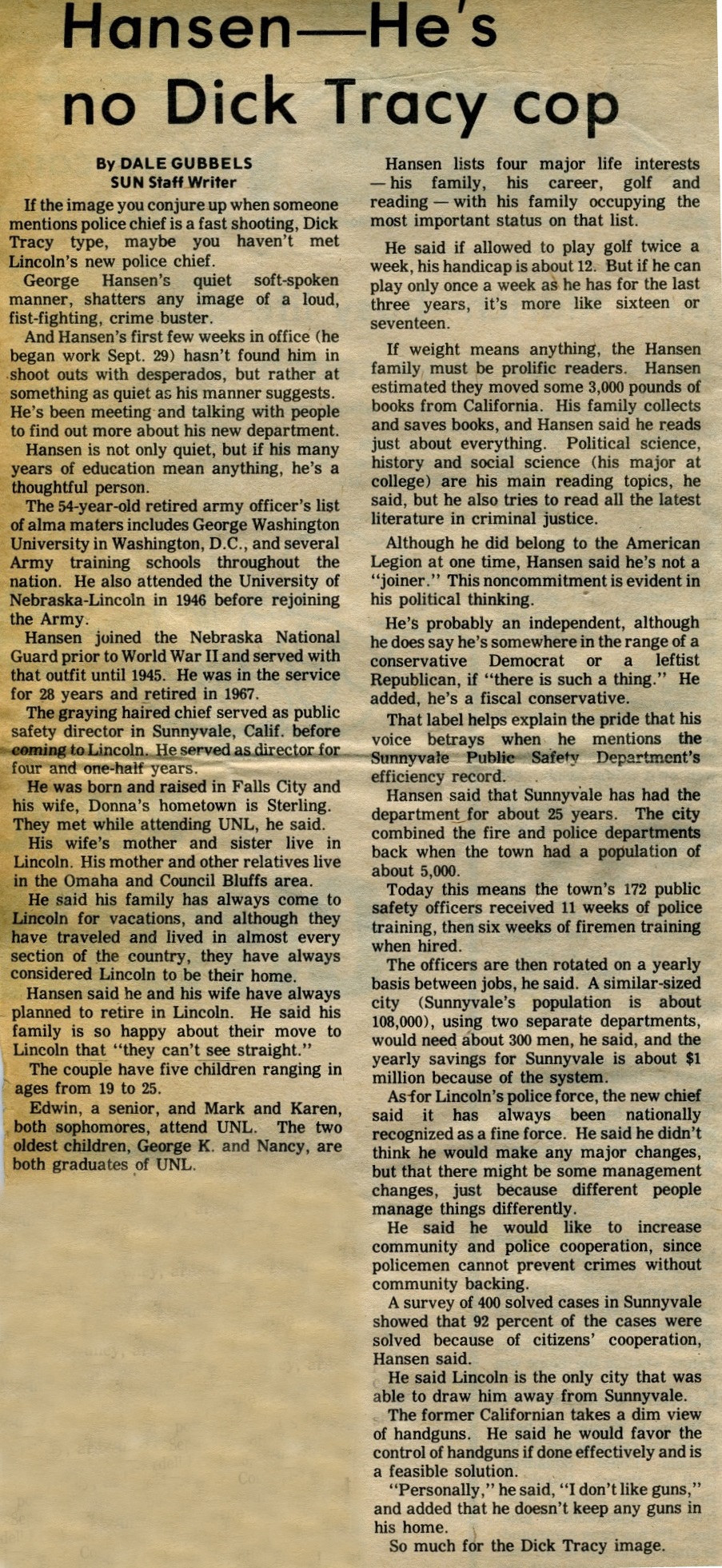 Newspaper clipping with headline 'Hansen -- He's no Dick Tracy cop'