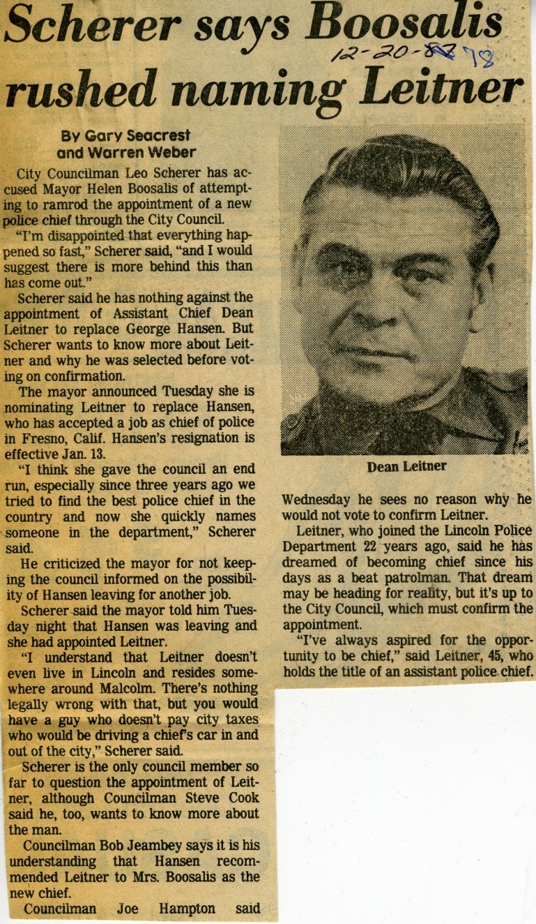 Newspaper clipping with headline 'Scherer says Boosalis rushed naming Leitner'