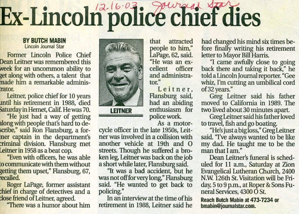 Newspaper clipping with headline 'Ex-Lincoln police chief dies'