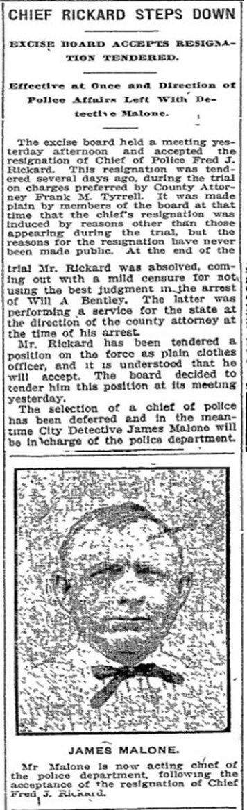 Newspaper clipping with headline 'Chief Rickard Steps Down'