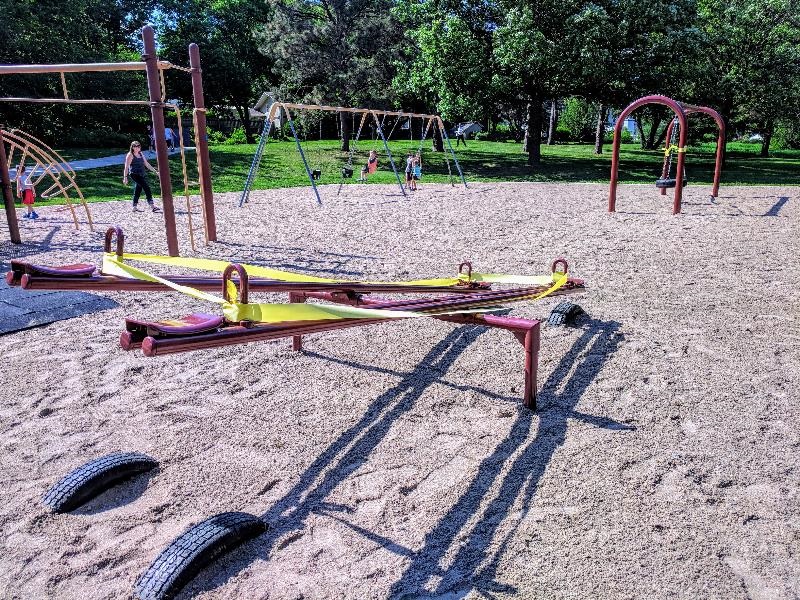 Bishop Heights Park playground, teeter totter detail, at the 2018 dedication.