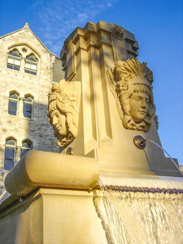 The fountain in Government Square is adorned with replicas of the 1920 Corn and Wheat Goddesses.