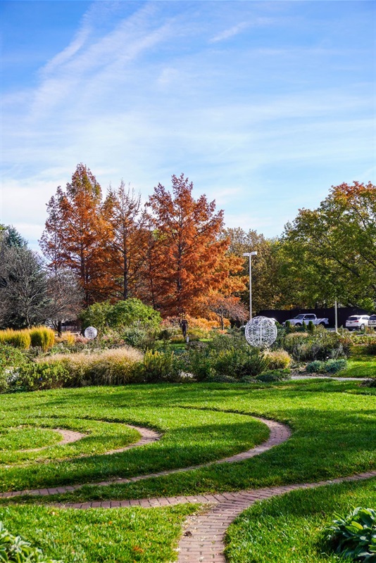 A shot of the Hamann Rose Garden in early fall, with Sphere 1 & 2 rising in front of the grasses and trees that are changing from green to orange and brown. 