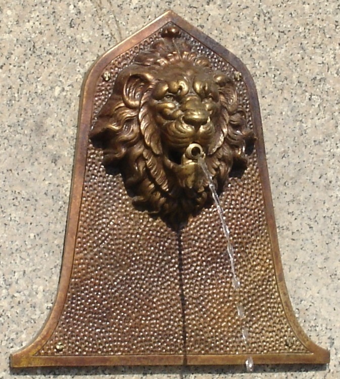 Close up of the lion head spigot with water flowing from the mouth