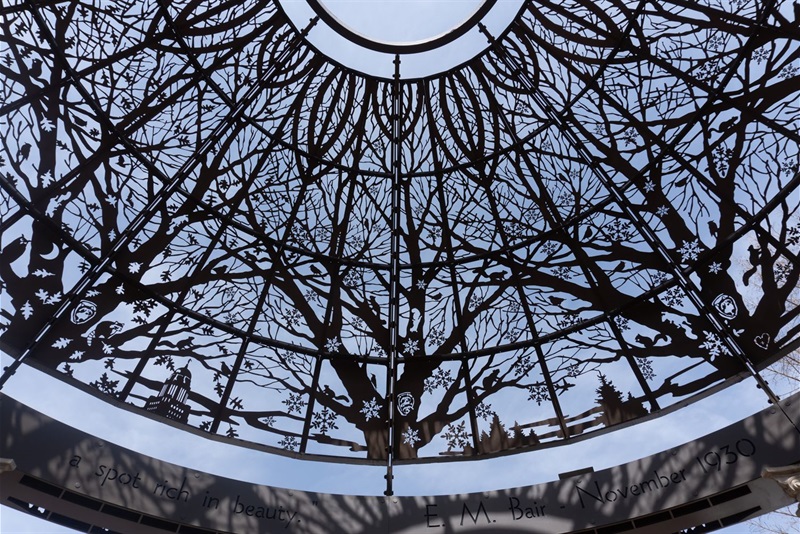 One quarter of the rotary gazebo featuring a canopy of trees with various wildlife, snowflakes interspersed, and the capitol building and pine trees lining the bottom. It shows the changing from fall into winter. 